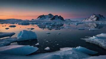 Serene Arctic landscape with icebergs and mountains reflecting in calm waters at twilight. photo