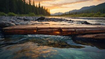 A serene river landscape at sunset with a log partially submerged in clear water. photo