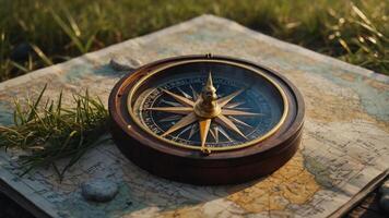 A compass resting on a map, symbolizing navigation and exploration. photo