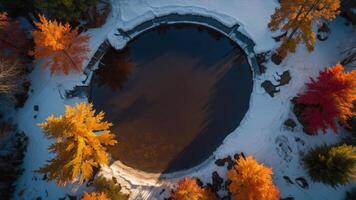Aerial view of a circular pond surrounded by autumn foliage and snow. photo