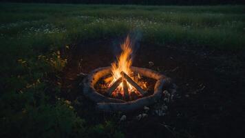 A cozy campfire burns in a grassy field, creating a warm and inviting atmosphere. photo