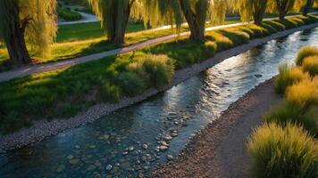 A serene landscape featuring a winding stream bordered by lush greenery and willow trees. photo