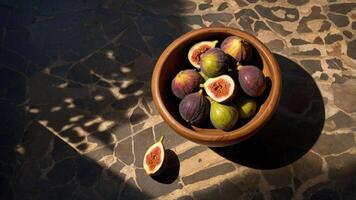 A bowl of fresh figs, some cut open, casting shadows on a stone surface. photo