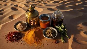 A collection of spices and herbs arranged artistically in a desert setting. photo
