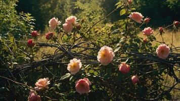 A serene display of blooming roses intertwined with vines in a natural setting. photo