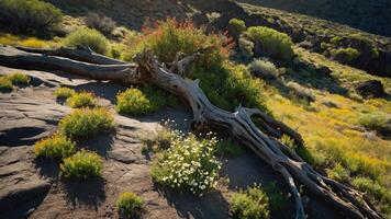 A serene landscape featuring a fallen tree and vibrant vegetation in a natural setting. photo