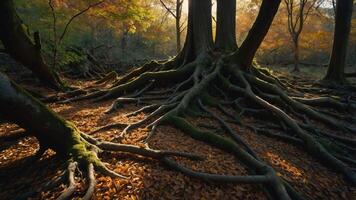 A serene forest scene with intertwined tree roots and autumn foliage. photo