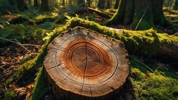 A close-up of a tree stump surrounded by moss in a serene forest setting. photo