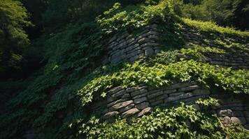 A stone structure covered in lush green ivy, blending with the surrounding nature. photo