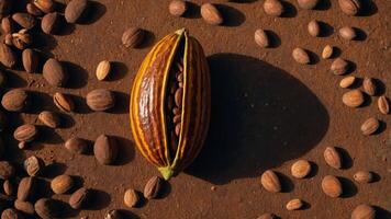 A cocoa pod split open, revealing cocoa beans, surrounded by whole beans on a rustic surface. photo