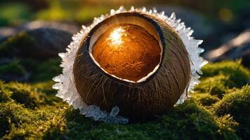 A cracked coconut with glowing light inside, surrounded by ice and moss. photo