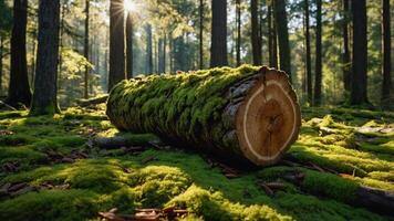 A serene forest scene featuring a moss-covered log surrounded by trees and soft sunlight. photo