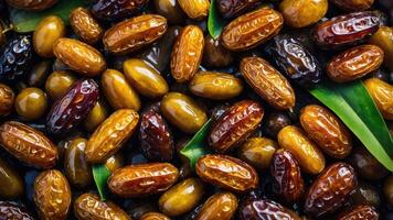 A close-up of various dates, showcasing their textures and colors on green leaves. photo