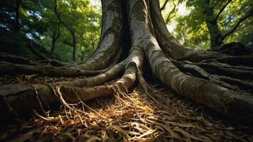 Close-up view of tree roots on forest floor with sunlight filtering through leaves. photo