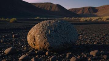 A close-up view of a textured rock on a barren landscape with mountains in the background. photo