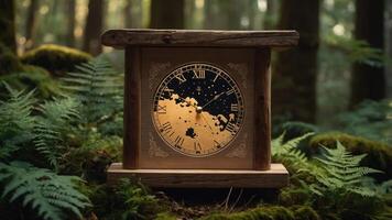 A wooden clock surrounded by ferns in a serene forest setting. photo