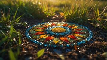 A vibrant mandala made of natural elements, set on the ground amidst grass. photo