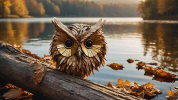 A whimsical owl sculpture made of leaves sits by a tranquil lake surrounded by autumn foliage. photo