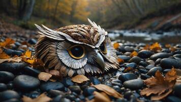 A whimsical owl sculpture rests among pebbles and autumn leaves by a stream. photo