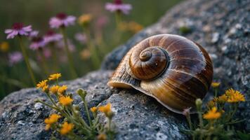 A close-up of a snail shell resting on a rock surrounded by colorful flowers. photo