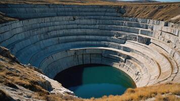 A deep, circular mine pit with layered walls and a pool of water at the bottom. photo