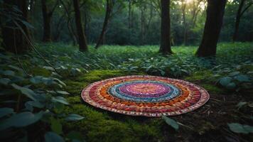 A vibrant mandala rug lies on lush green moss in a serene forest setting. photo