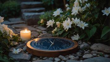 A sundial surrounded by flowers and a candle, creating a serene outdoor atmosphere. photo