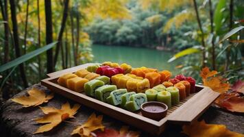 A vibrant sushi platter displayed outdoors near a serene lake, surrounded by autumn leaves. photo