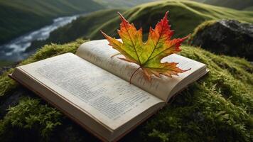 An open book with a colorful leaf on top, set in a serene natural landscape. photo