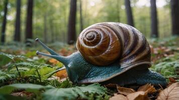 A large snail with a spiral shell crawls through a forest floor covered in leaves and ferns. photo