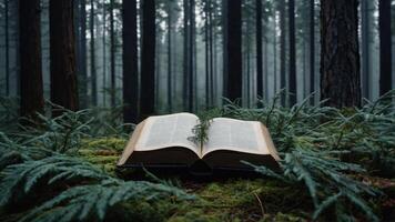 An open book rests on moss in a misty forest, symbolizing nature and knowledge. photo
