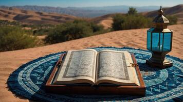 An open book on a patterned mat with a lantern, set against a desert landscape. photo