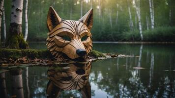 A wooden wolf mask partially submerged in a tranquil forest pond, reflecting the surrounding trees. photo