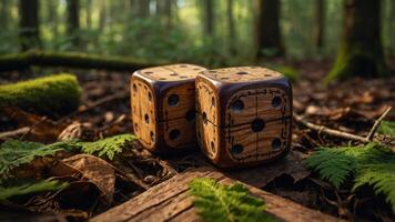 Two wooden dice resting on forest floor amidst moss and leaves. photo
