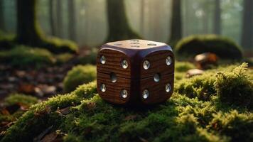 A wooden die sits on moss in a serene forest, blending nature and gaming elements. photo