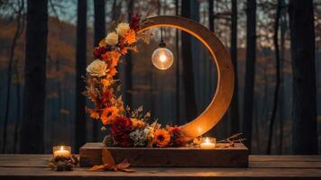 A decorative wooden circle adorned with flowers, a light bulb, and candles in a forest setting. photo