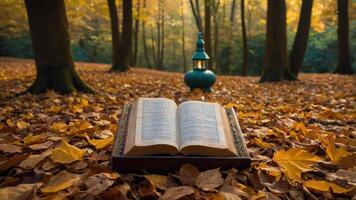 An open book rests on autumn leaves, with a lantern illuminating a serene forest scene. photo