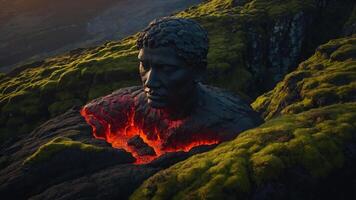A sculpted head emerges from lava, surrounded by moss-covered rocks at sunset. photo