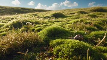 A close-up view of a mossy landscape with a snail crawling on the green terrain. photo
