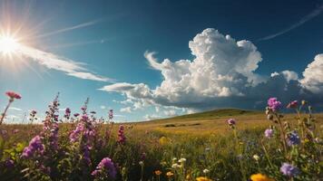 A vibrant landscape with colorful wildflowers under a bright sky and fluffy clouds. photo