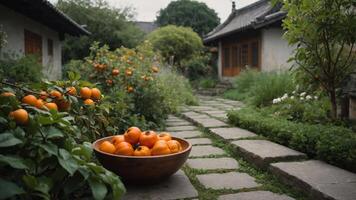 A serene garden path lined with orange trees and a bowl of oranges. photo