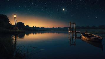 Serene night scene with a boat by a calm river under a starry sky. photo