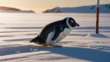 A penguin waddles across a snowy landscape, illuminated by soft sunlight. photo