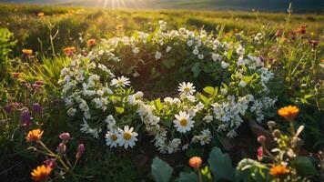A circular arrangement of white daisies and colorful wildflowers in a sunlit field. photo