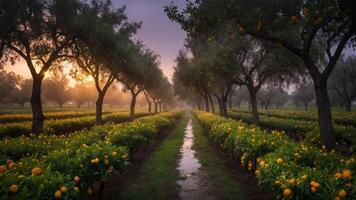 A serene orchard at sunrise, showcasing rows of orange trees and lush greenery. photo