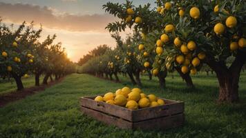 A picturesque lemon orchard at sunset with a crate of freshly picked lemons. photo
