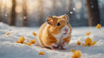 A cute hamster sits in the snow surrounded by yellow flowers, creating a whimsical scene. photo