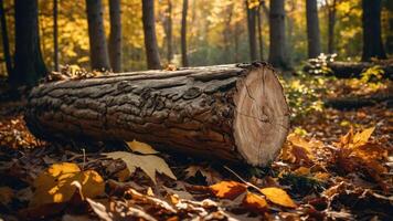 A fallen log surrounded by autumn leaves in a serene forest setting. photo