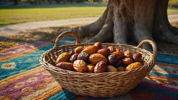 A woven basket filled with various dates sits on a colorful rug under a tree. photo