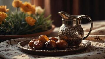 A silver pitcher beside a tray of dates, with flowers in the background, creating a warm ambiance. photo
